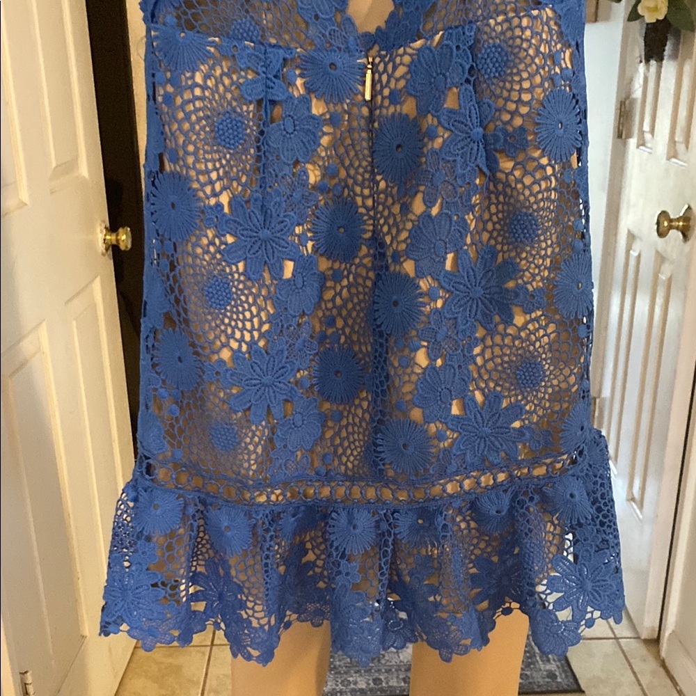 Saylor Blue Ruffled Tiered Mini Dress with high Neckline - Picture 12 of 12